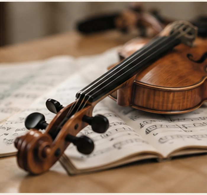Violin resting on open sheet music